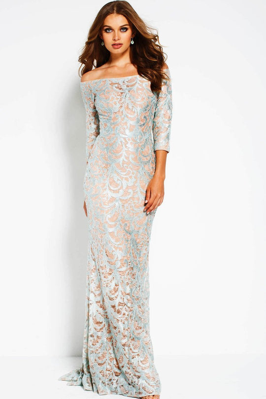 50996 Off-Shoulder Metallic Lace Sheath Dress