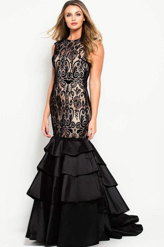 52086 Lace Jewel Neck Tiered Trumpet Dress