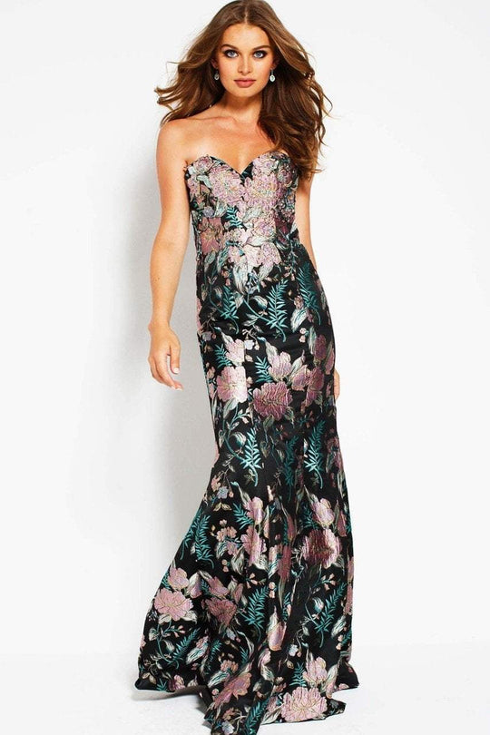 53079 Multi-Colored Floral Embroidered  Trumpet Dress