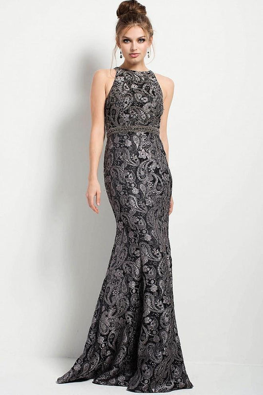 53083 Paisley Print Halter Mermaid Dress