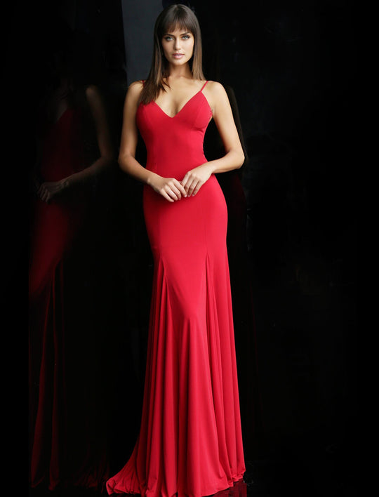 Jovani - Sleeveless Backless Jersey Trumpet Dress 63564  In Red
