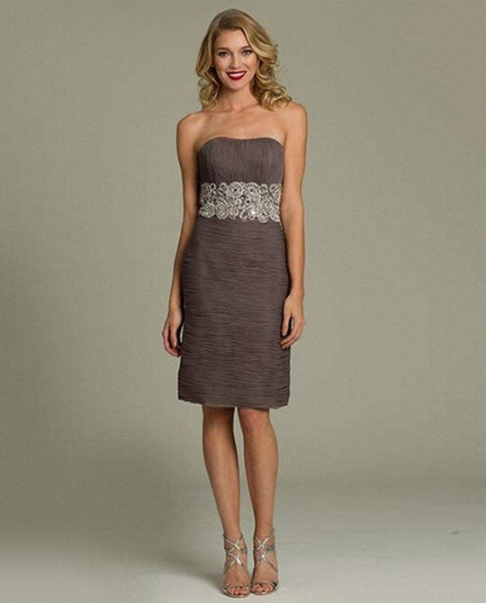 89933 Jeweled Ruched Semi-Sweetheart Sheath Dress
