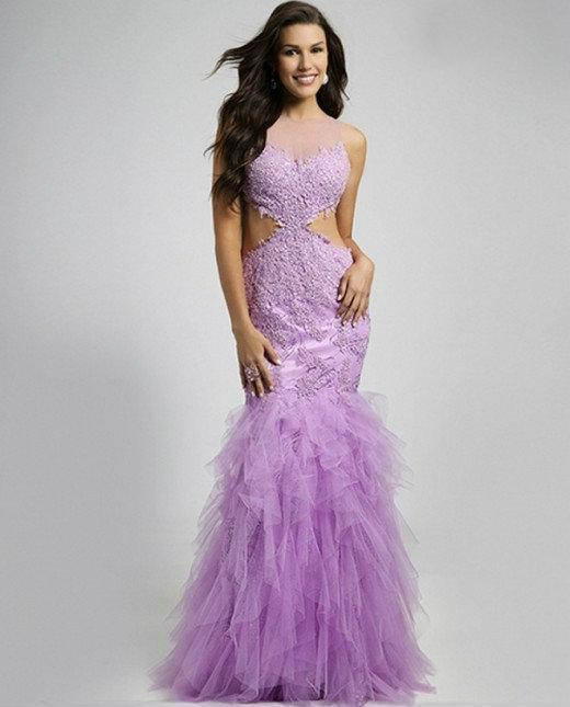 Illusion Neckline with Side Cutout Trumpet Evening Dress  89957