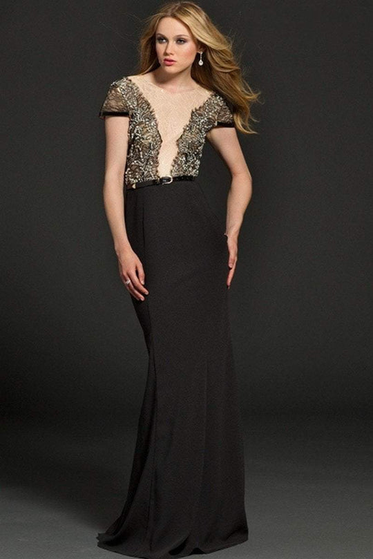 91091 Crystal Embellished Two Tone Lace Sheath Dress