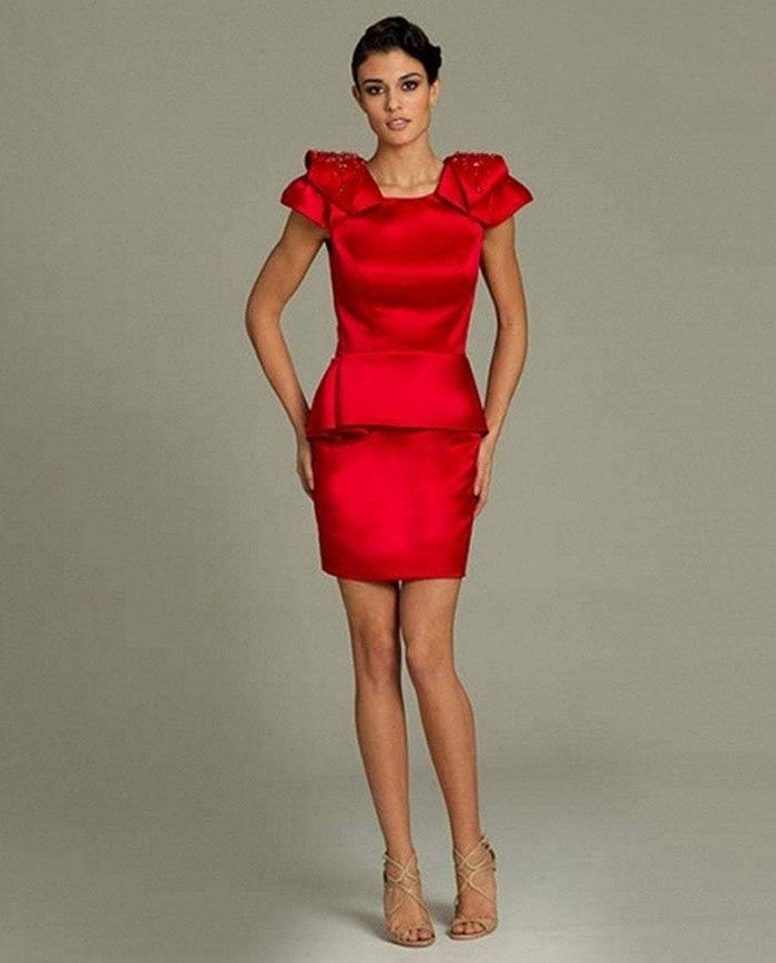 93427 Cap Sleeve Bow Ornate Peplum Sheath Dress