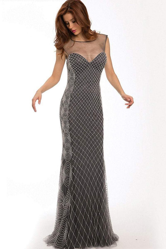 Exposed Back Net Overlay Sheath Evening Dress 94495