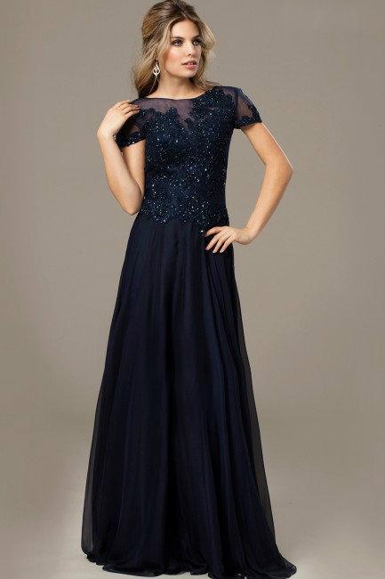 Attractive Short Sleeves Long Gown in Lace Appliques 98273