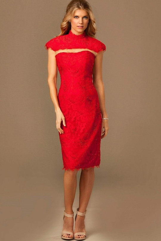 98467 Beaded Lace High Neck Cocktail Dress