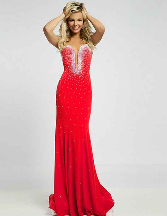 Crystal-accented Illusion Jewel Neck Trumpet Dress 99042
