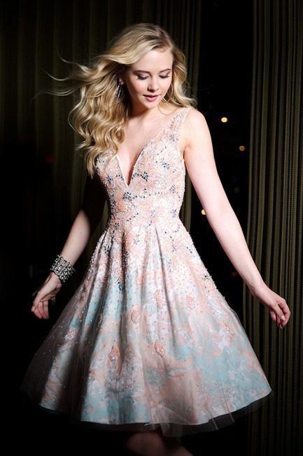 Plunging V-Neckline Embellished A-line Cocktail Dress 99343