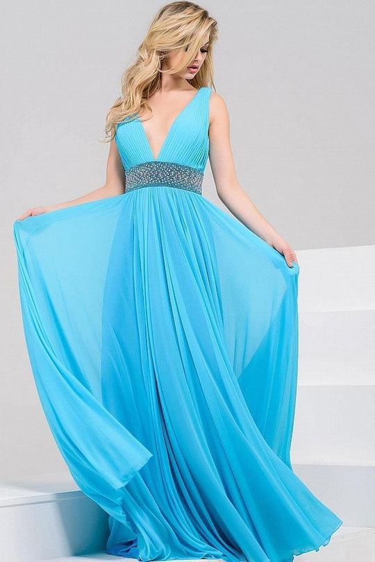 48069 Pleated Plunging V Neck Evening Gown