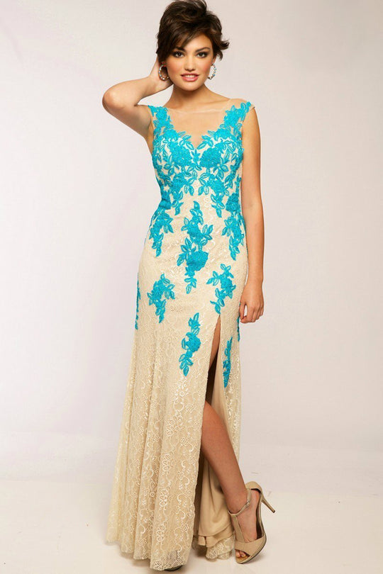 Lace Embroidered Cap Sleeve Illusion Bateau Neck Sheath Dress JVN22484