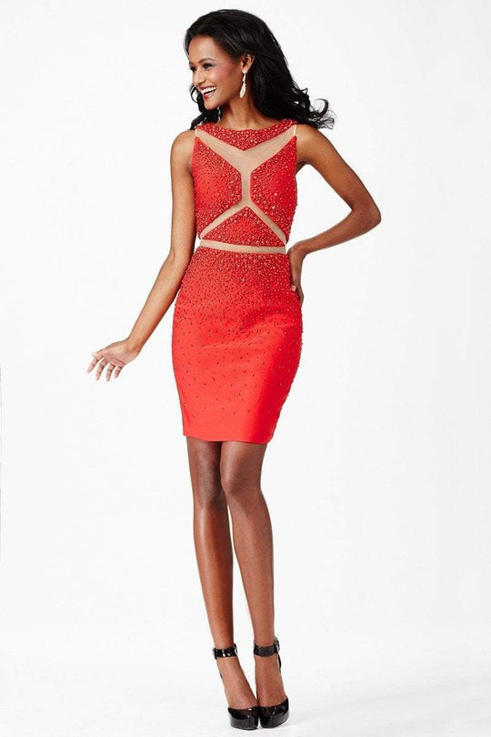 JVN27601 Beaded Bateau Sheer Cutout Short Dress