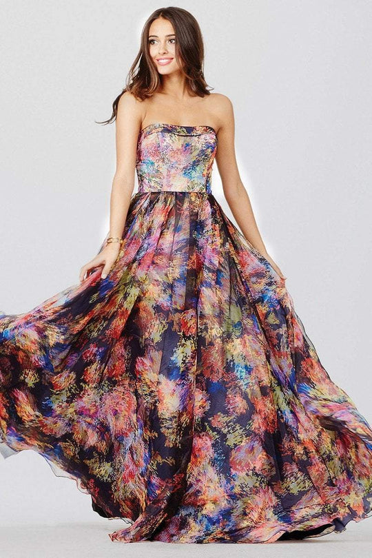 JVN33486 Straight Strapless Printed Gown
