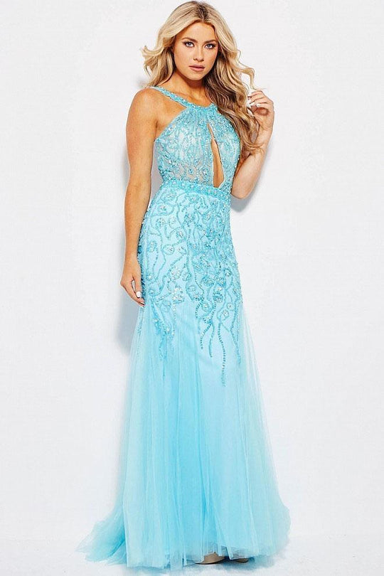 JVN33695 Plunging Cutout Illusion High Neck Gown