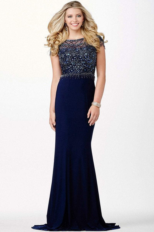 JVN33737 Beaded Illusion Fringed Sheath Gown