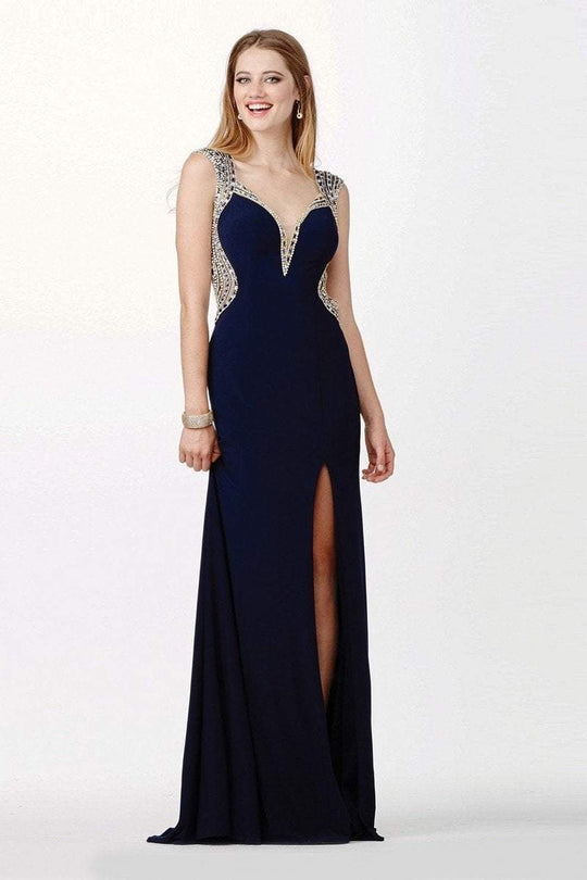 JVN33860 Plunging Sweetheart Jeweled Sheath Gown