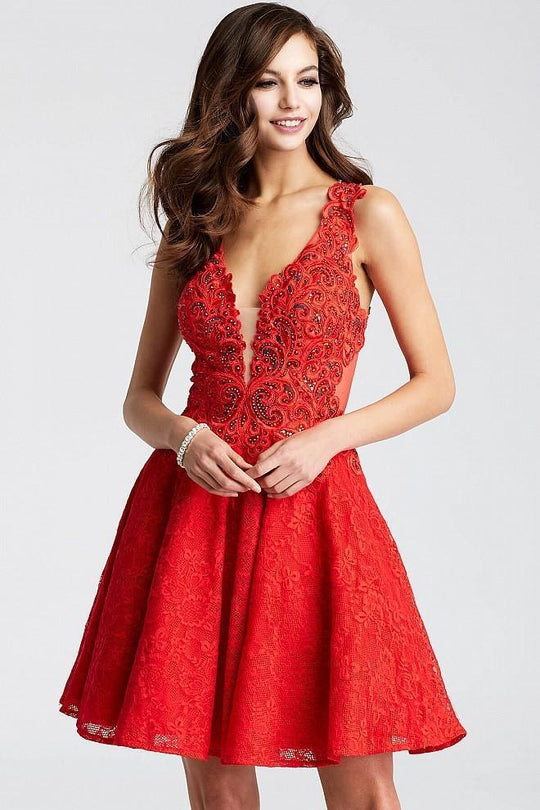 Jovani - JVN41452 Plunging V-Neck Beaded Lace Bodice Illusion Dress In Red