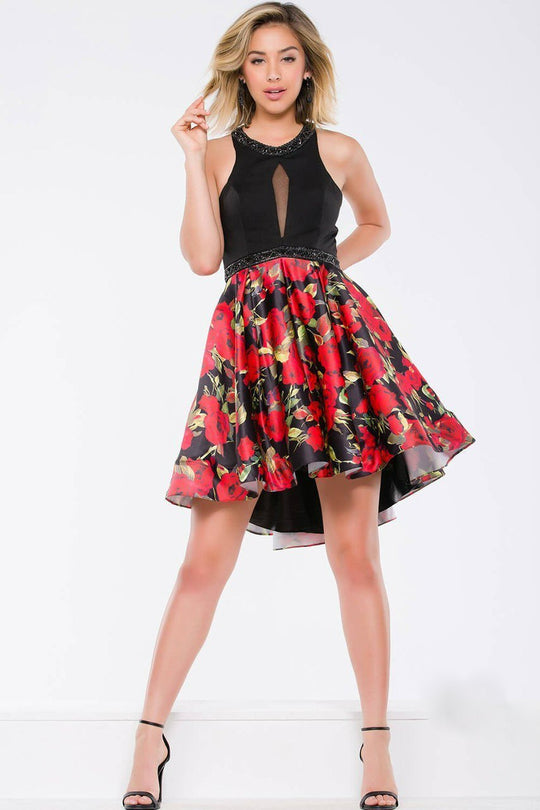 Halter Cocktail Dress with Floral Skirt JVN41523
