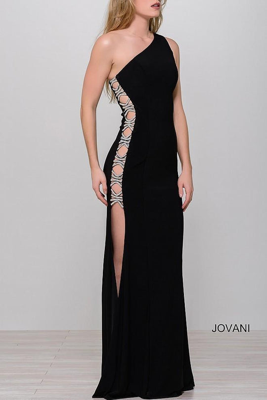 Crystal Adorned Side Cutout One Shoulder Gown JVN47768