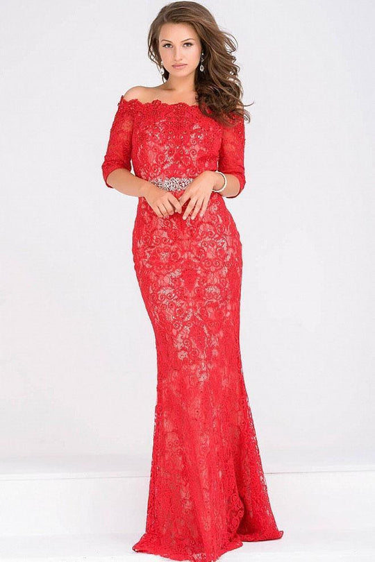 JVN47896 Quarter Sleeve Scalloped Off Shoulder Lace Gown