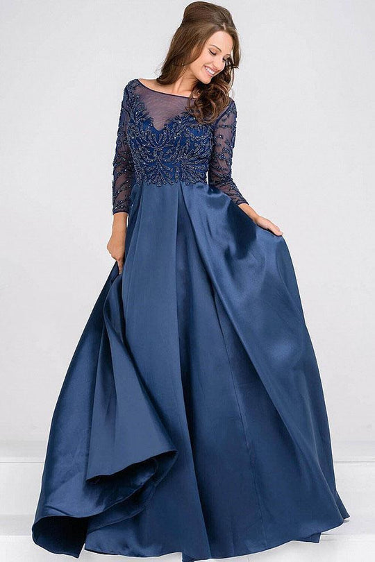 JVN48833 Beaded Sheer Lon Sleeves Pleated Ballgown