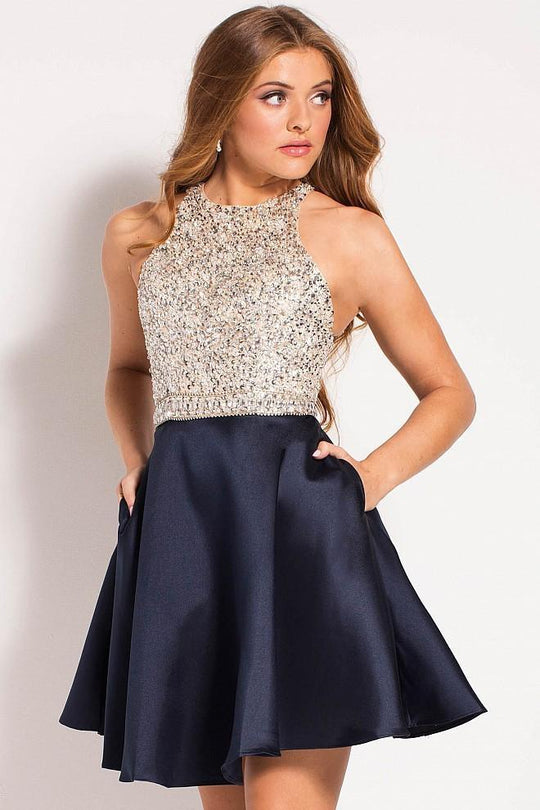 JVN57782 Crystal Beaded Bodice Satin A-Line Dress