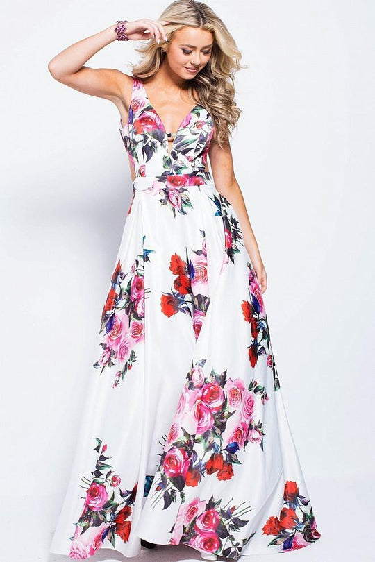 JVN59146 V-neck Side Cutouts Floral A-line Gown