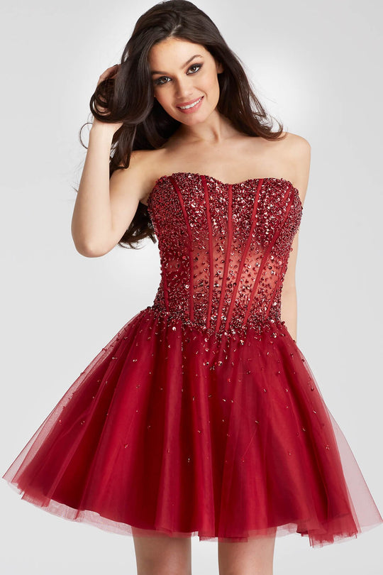 Jovani - 55142 Beaded Tulle Corset Bodice A-Line Cocktail Dress In Red