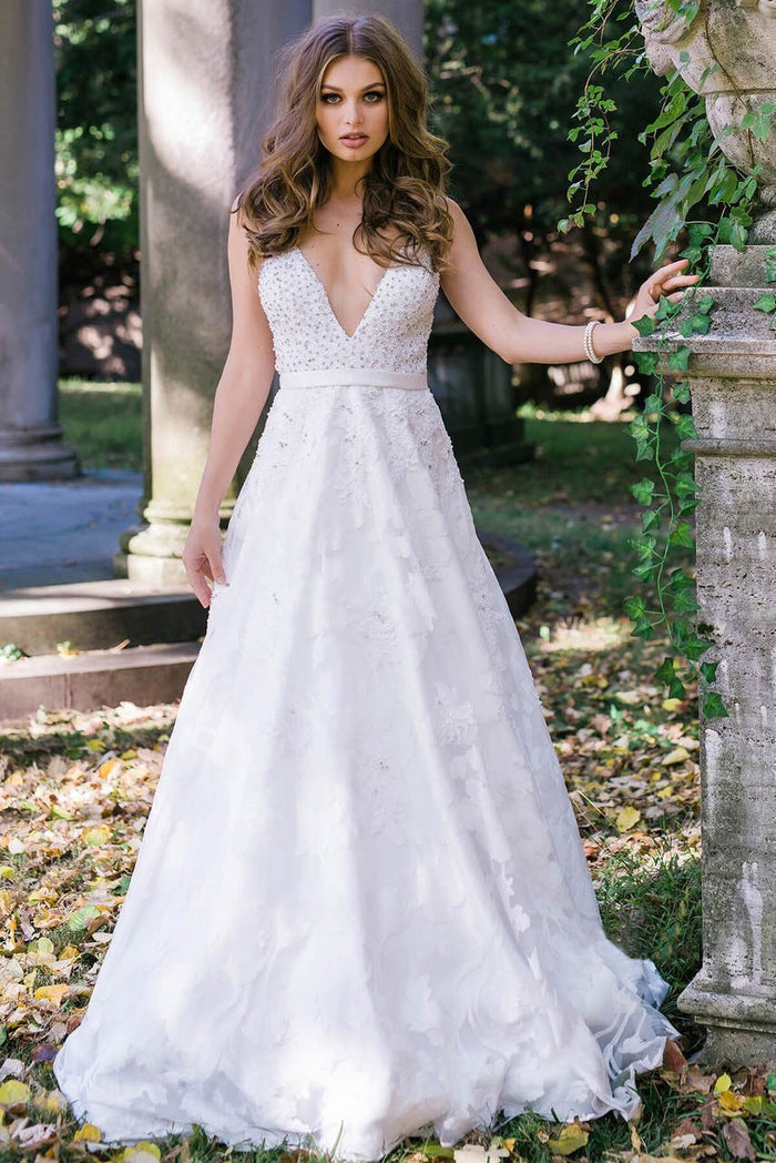 JB47604  A-Line Embellished Bodice Plunging Neck Bridal Gown