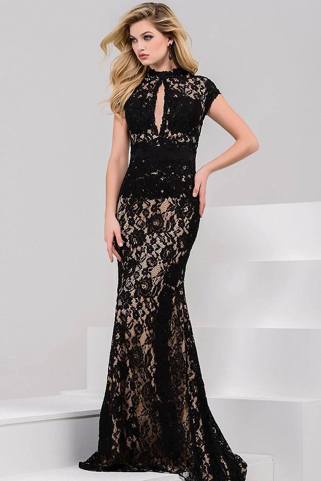 Lace High-Neck Keyhole Mermaid Gown with Cap Sleeves 22978