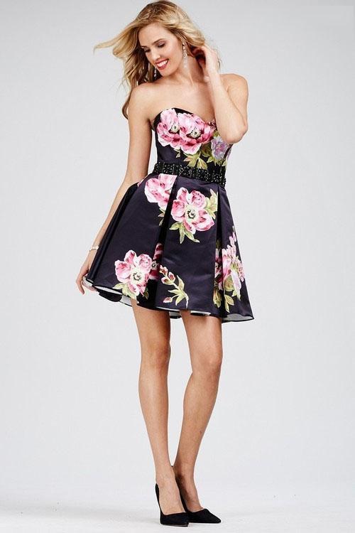 Strapless Sweetheart Floral Print A-Line Cocktail Dress 28880