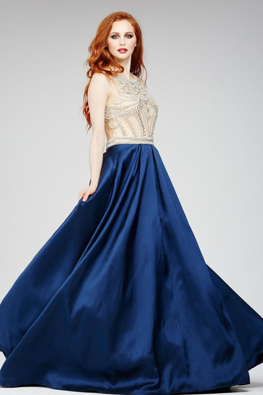 28892 Illusion Bodice Satin A-Line Gown