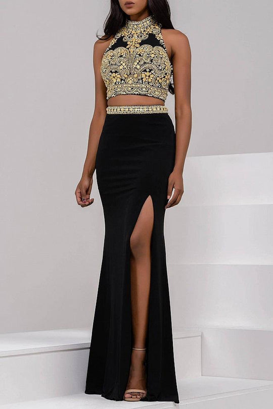 Embellished High Neck Crop Top Jersey Sheath Gown 31408