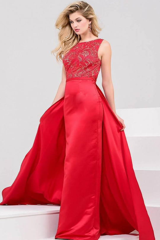 Sequined Lace Bateau Sheath with a Skirt Panel 32372