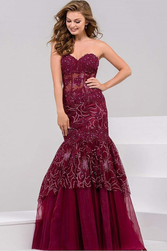 Strapless Sweetheart Lace Embellished Mermaid Gown 34008