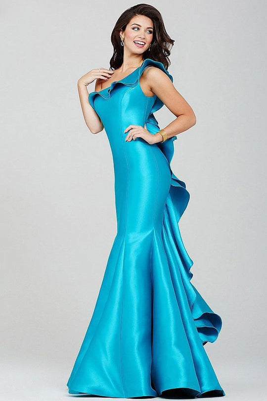 Sleek Asymmetrical Ruffled Mermaid Satin Gown 34068