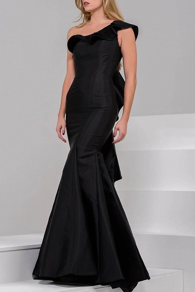 Sleek Asymmetrical Ruffled Mermaid Satin Gown 34068
