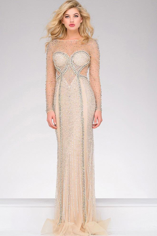 Embellished  Long Sleeve Illusion Dress 39844
