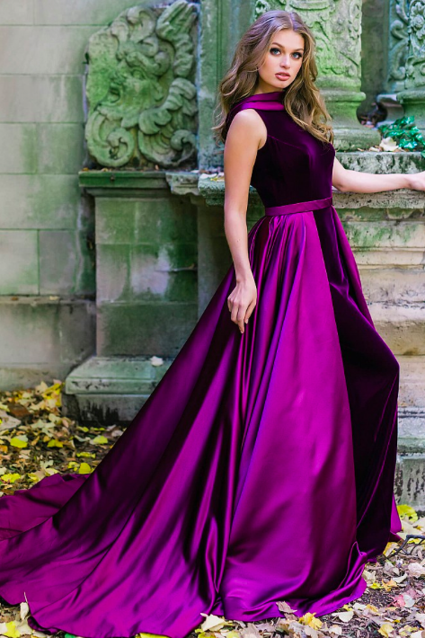 41319 Velvet High Neck with Satin Overskirt