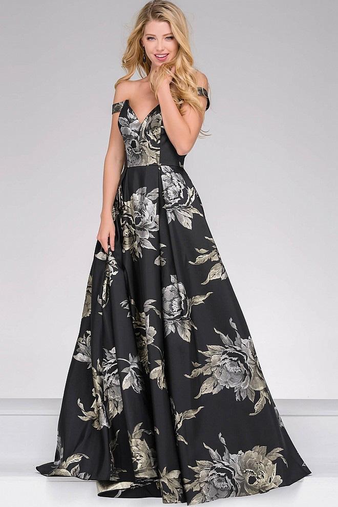 Off the Shoulder Flora Print Prom Ballgown 48361