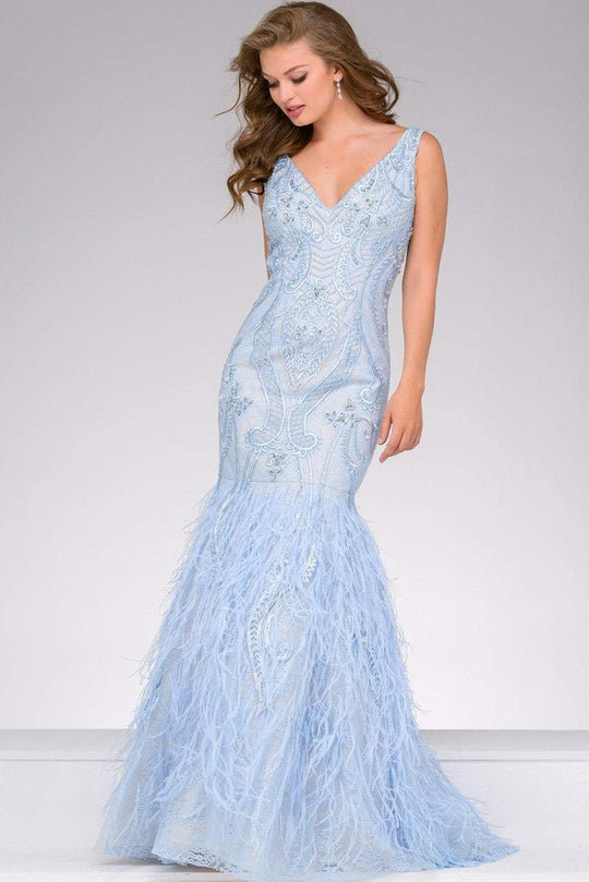 48759 Embellished V-neck Feathered Dress