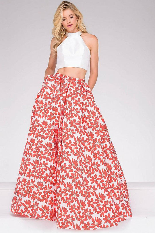 Two Piece Halter Neck Floral Skirt Prom Ballgown 48948