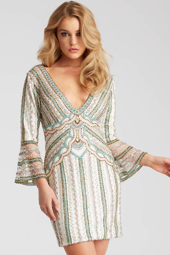 52208 Beaded V Neck Quarter Length Sleeves Short Dress