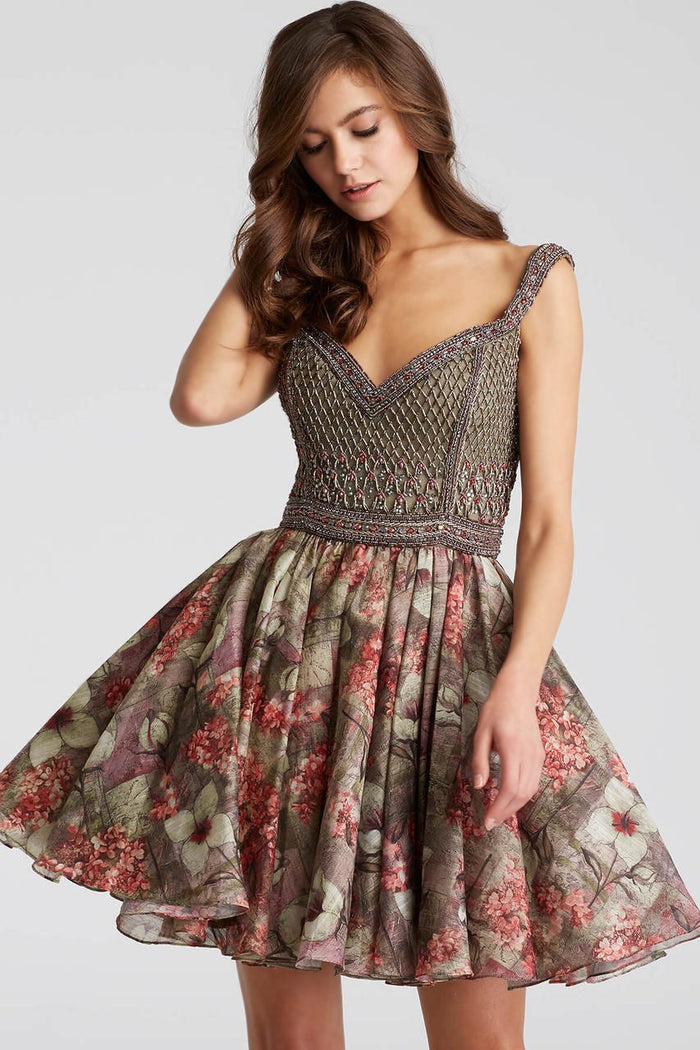 53044 Beaded Multi-Colored V Neck Cocktail Dress