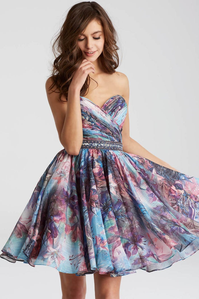 53093 Strapless Ruched Floral Print Cocktail Dress