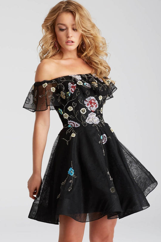 54430 Off The Shoulder Floral Beaded Short Dress