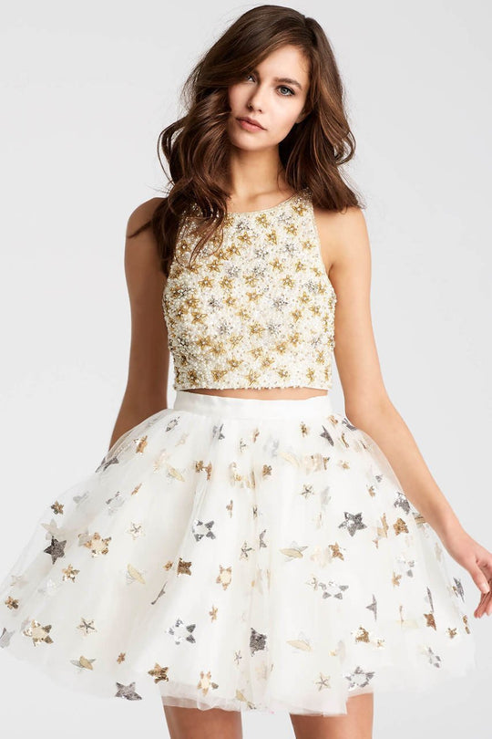 54596 Two Piece Beaded Organza Short Dress