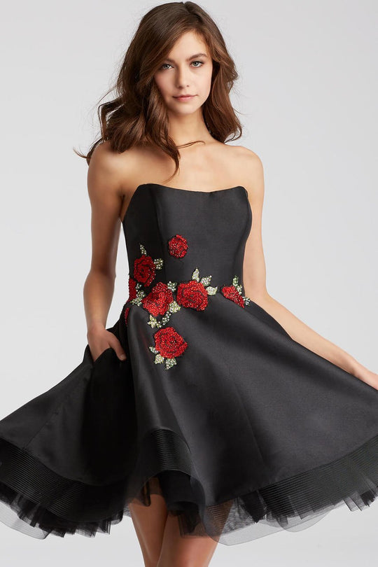 55136 Strapless Rose Applique Cocktail Dress
