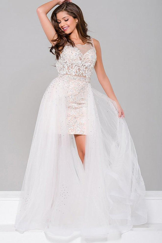 Lace Sheer Neckline Dress with Tulle Overlay JVN45673